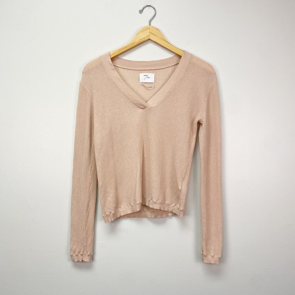 GREY/VEN The Haldane Long Sleeve V-Neck Sweater in Sesame XS - Picture 2 of 8